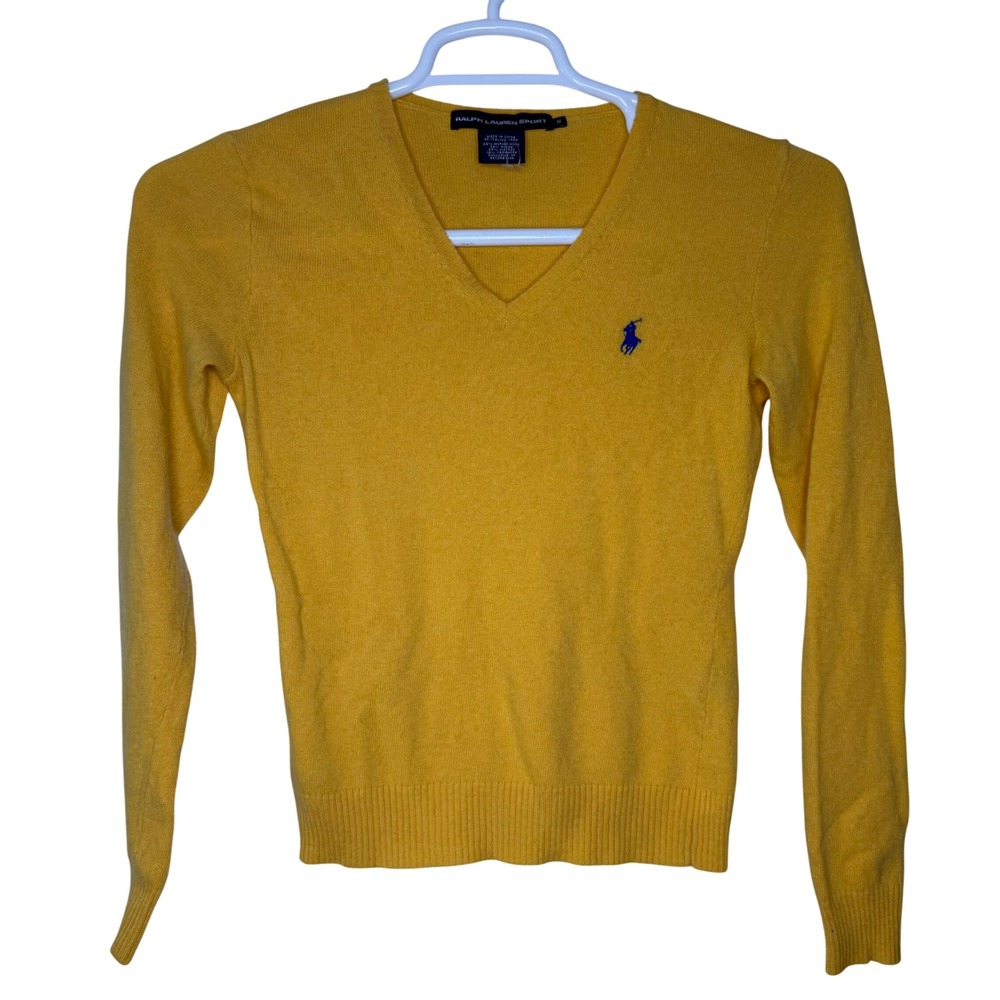 VTG Ralph Lauren Sport Sweater Women Medium Yellow Merino Wool Cashmere V Neck